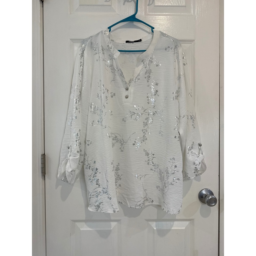 Cure White Silver Floral Blouse 3/4‎ Sleeve Button Up Tunic Top 3XL